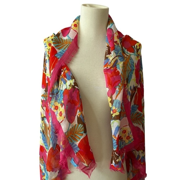 J MCLAUGHLIN GISELLE SCARF 50X50 FRINGE DRAPE FLORAL ARTSTY CHIC MODAL SILK - Picture 2 of 12